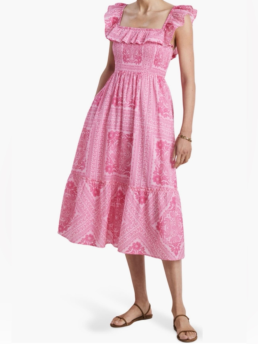Vineyard Vines Midi Dress-Pink Cotton Smocked Ruffle Square-Neck - Picture 2 of 12